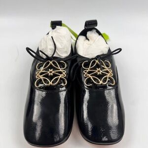 Loewe Black Patent Leather Lace-Up Loafers with Gold Anagram